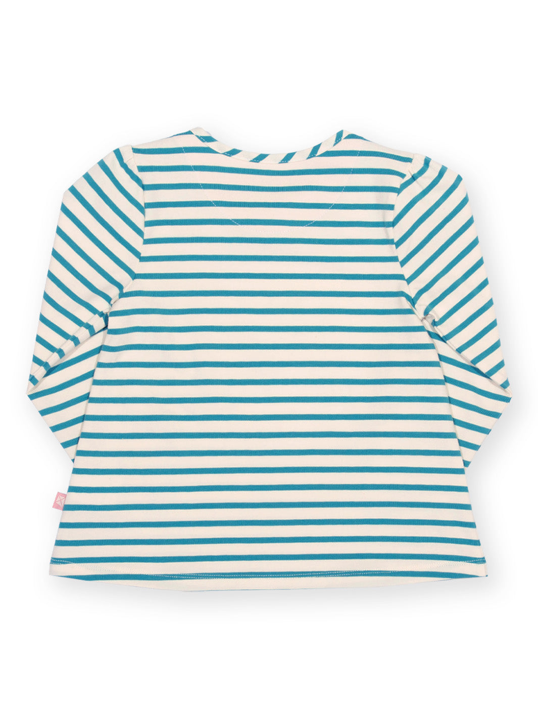 A long-sleeve striped top with horizontal teal blue and off-white stripes, shown from the back on a white background.
Chidren's clothing
Cat
Tunic
T-Shirt
Girls clothing
Kite clothing
Organic cotton
