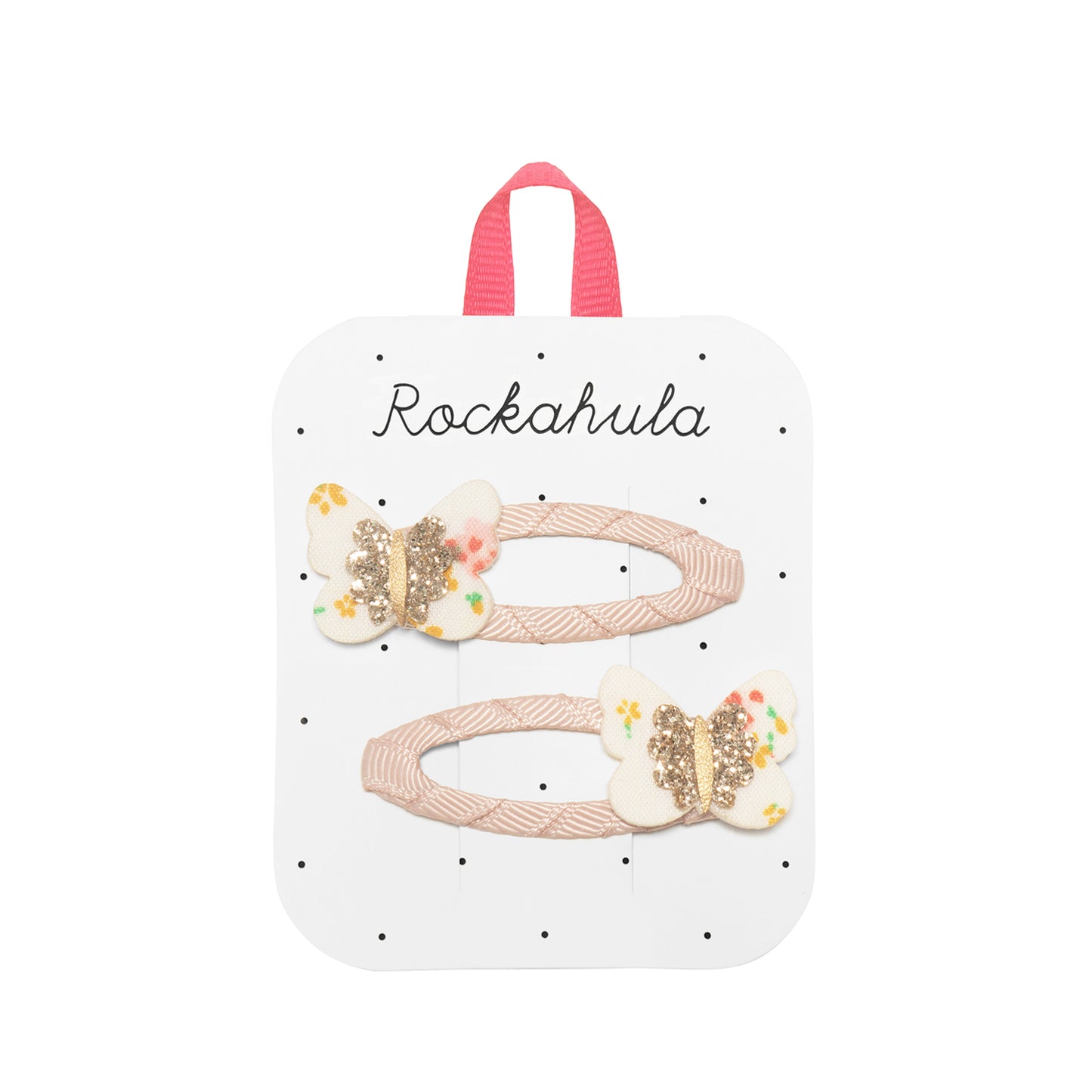 Set of hair clips with butterfly designs on a 'Rockahula' branded card.