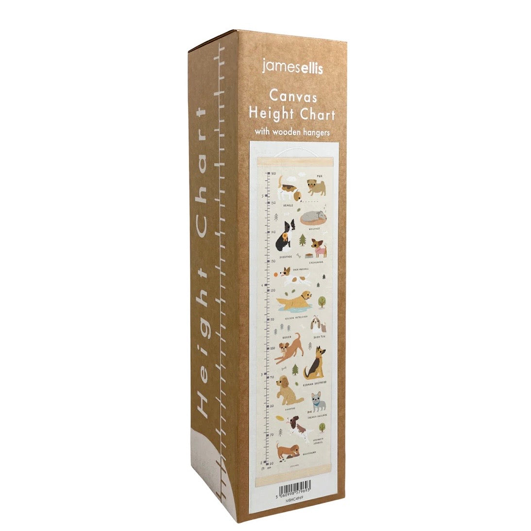 James Ellis Canvas Height Chart in a brown kraft paper box with a printed preview of the illustrated measurement chart on the front, shown on a white background.
Printed in the UK
Dogs
Height chart
Nursery decor
James Ellis
New baby gift