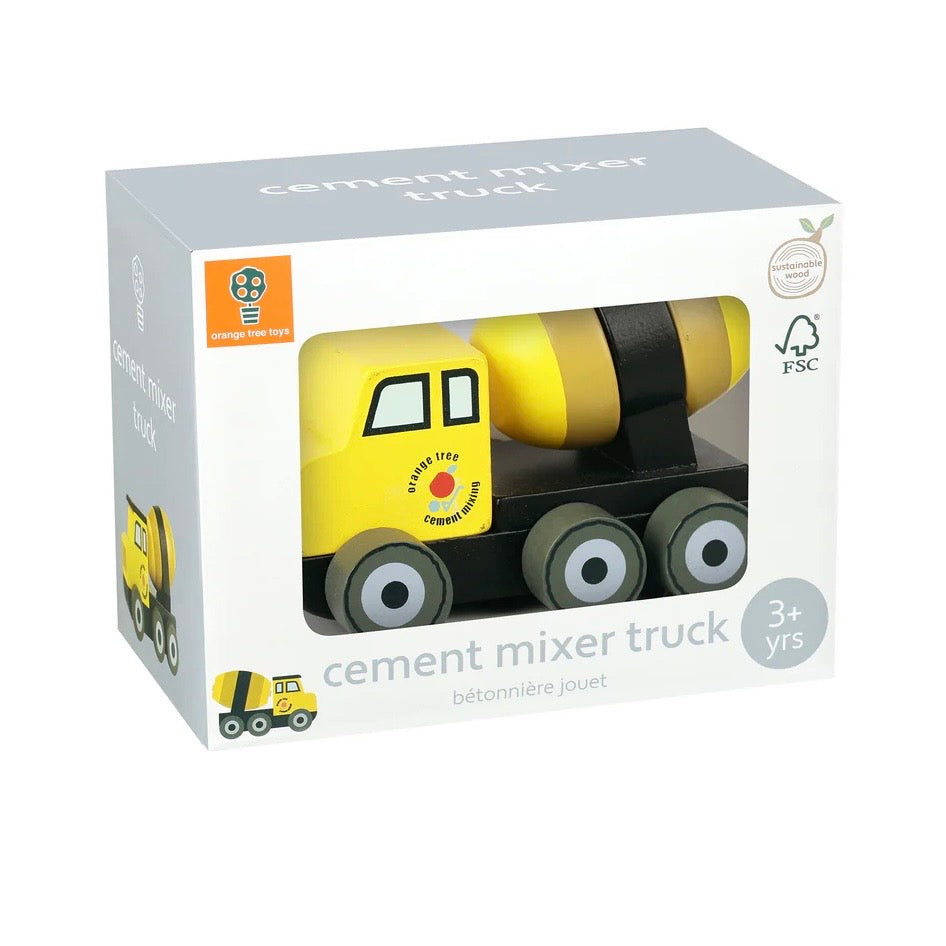 Plastic free wooden Cement Mixer displayed in a cardboard box
Children's wooden toys