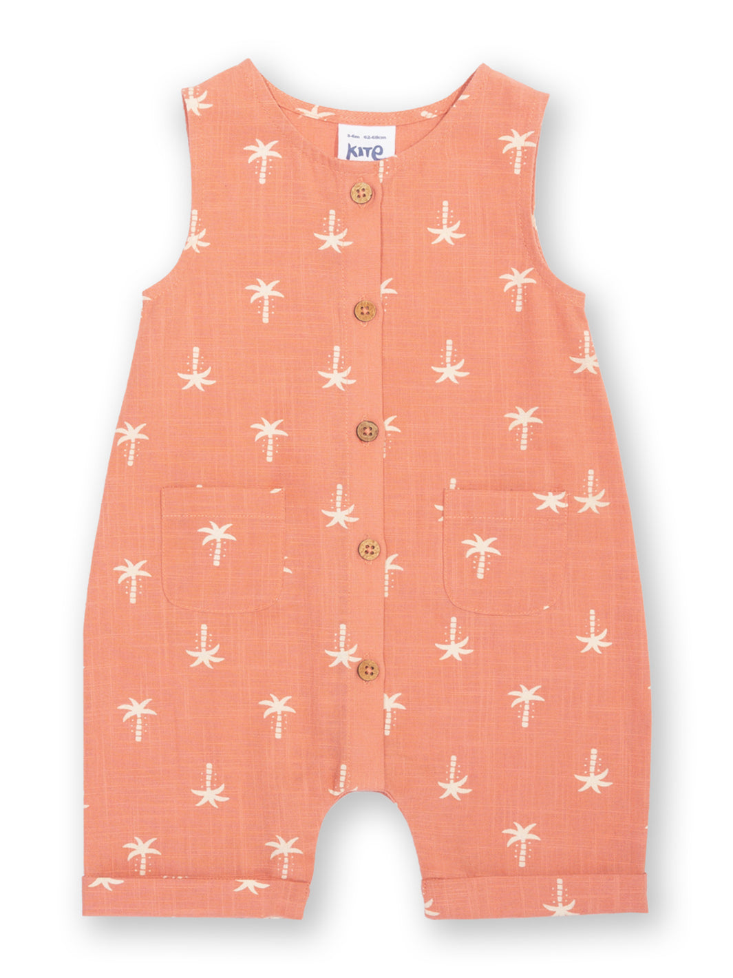 Coral romper with palm tree pattern on a white background