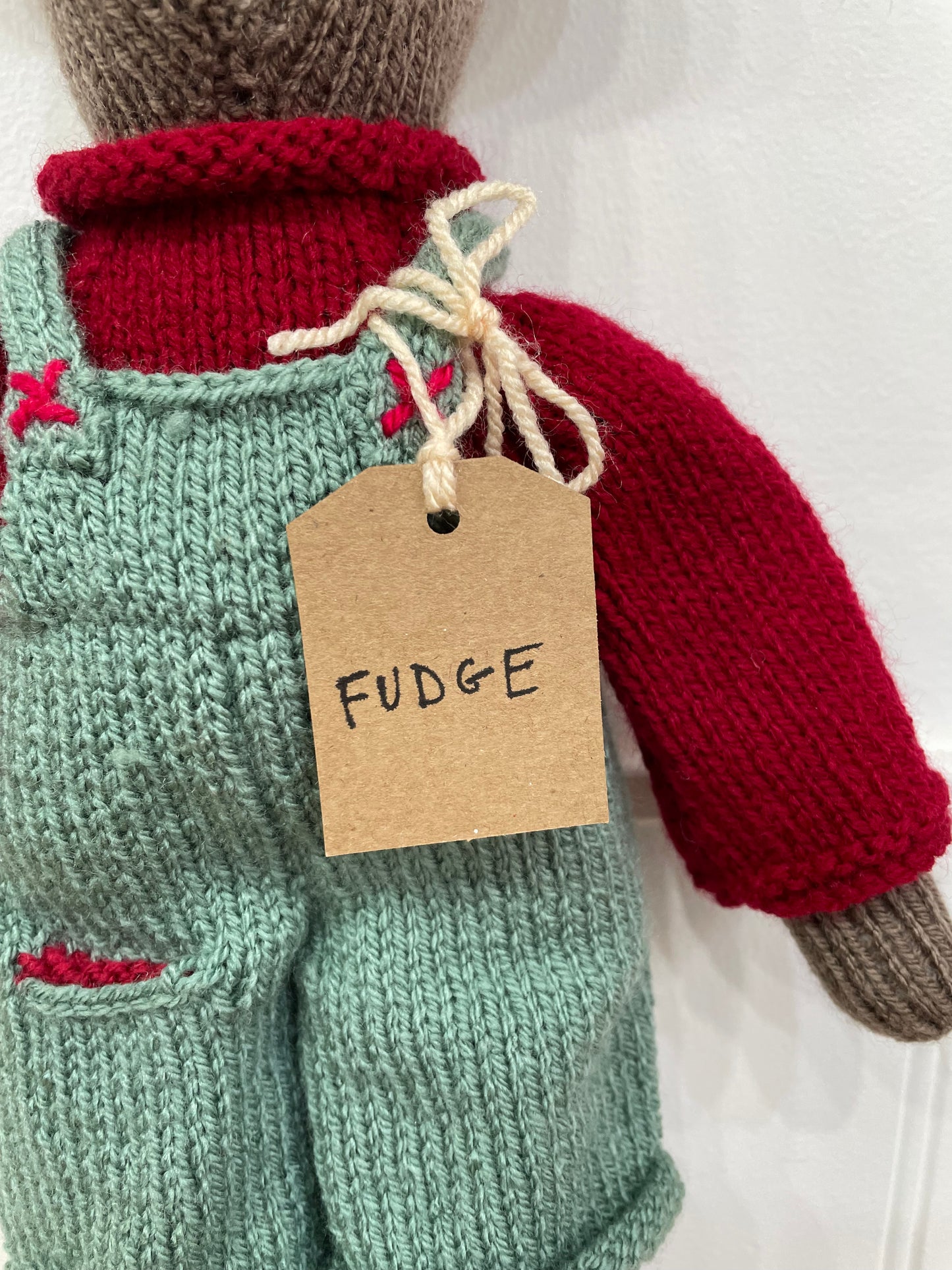 Locally made hand knitted bear called Fudge