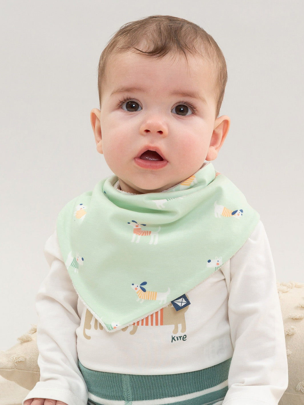 A baby wearing a mint green bib with a small puppy print, styled over a white long-sleeve shirt.
Bib
Baby clothing
Organic cotton
Lucky Pups
New baby
New baby gifts
Gender neutral
Kite Clothing