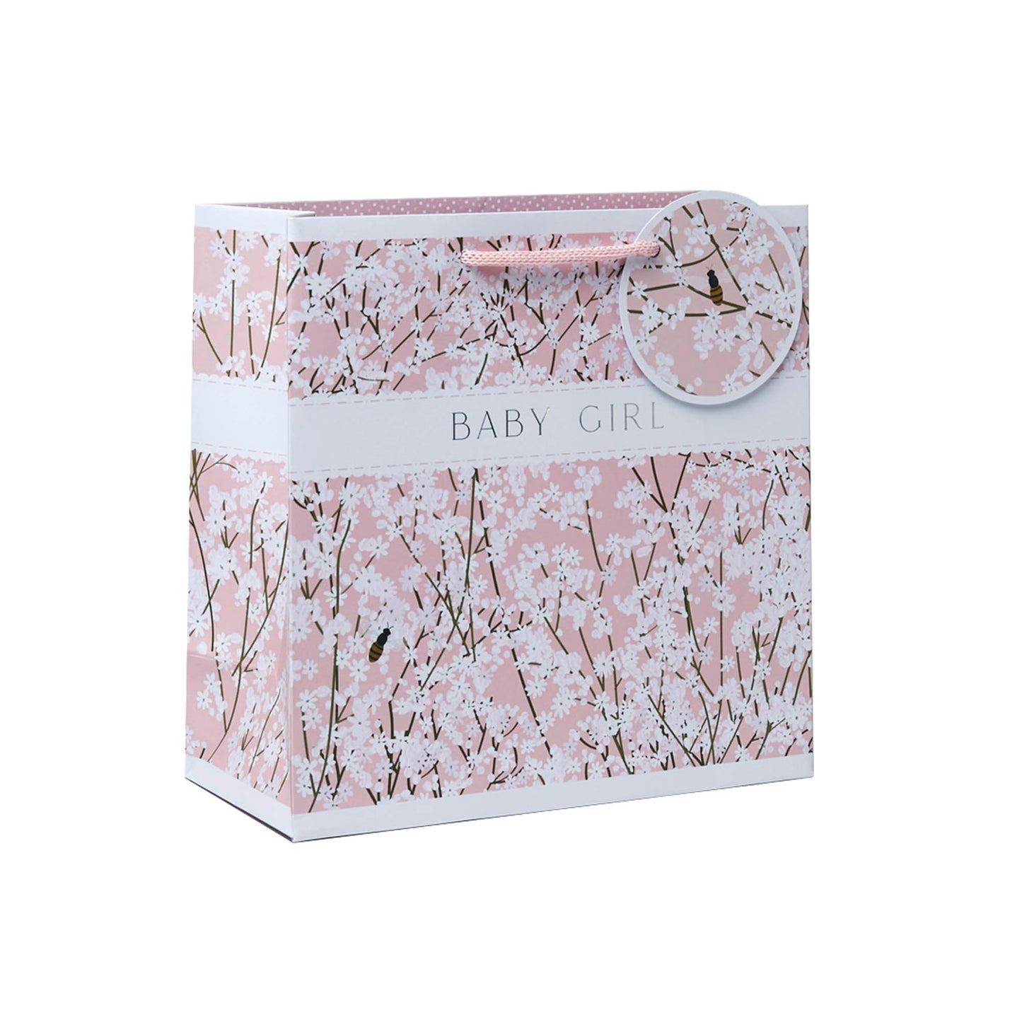 Pink gift bag for new born baby girl with gypsophila design all over