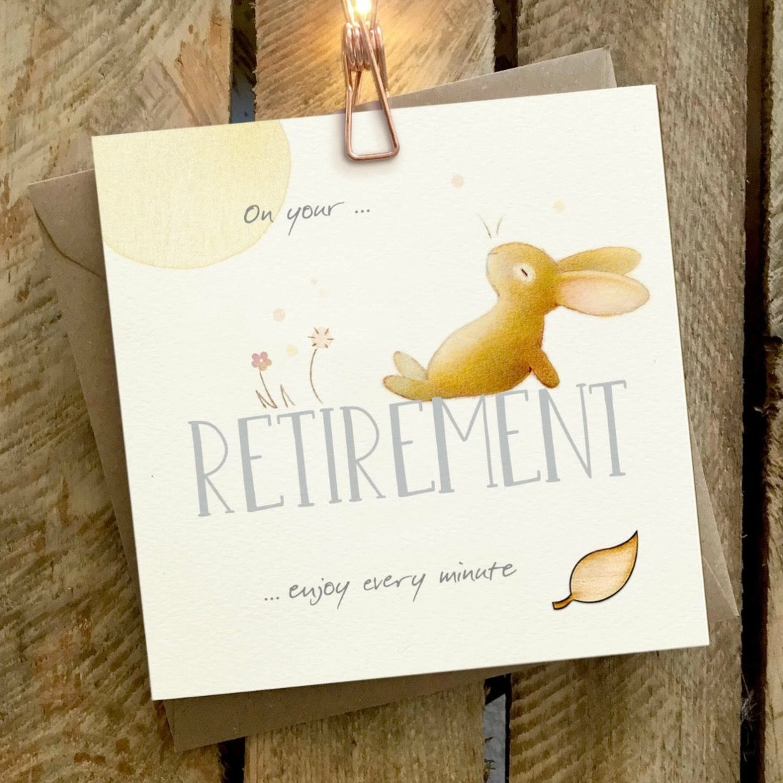 A square retirement greeting card with a watercolour-style rabbit illustration and the words
Ginger Betty Cards
Retirement Cards
Mouse
Printed in the UK