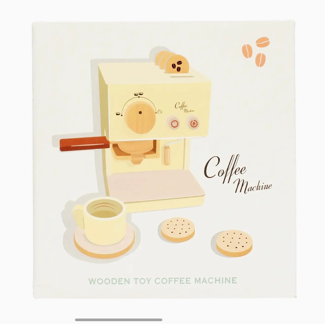 A wooden toy coffee machine set with a cream-coloured machine, a light pink tray, a brown handle, and small illustrated accessories including a cup, cookies, and coffee beans, shown on a plain light background.
pretend coffee shop, barista role play, kitchen playset, imaginative play, cafe toy, wooden play kitchen accessory, pretend drinks toy, portafilter toy, biscotti toy, hand-eye coordination toy