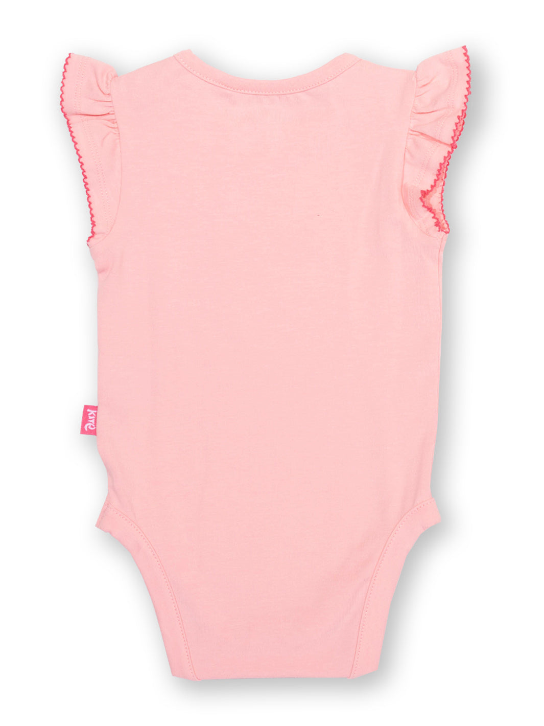 Pink baby bodysuit with ruffled sleeves on a white background