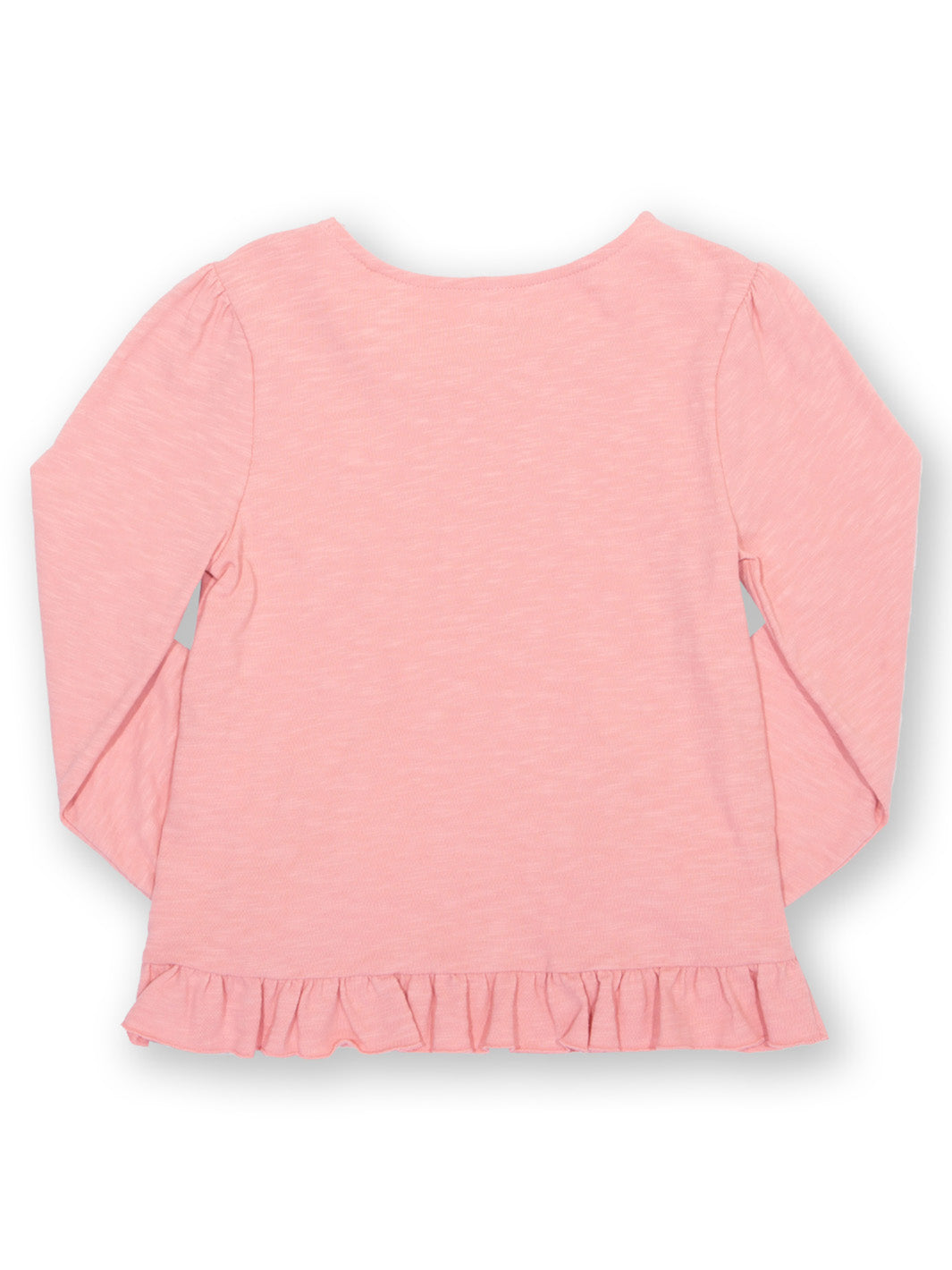 Pink long-sleeve top with ruffled hem, pictured from the back