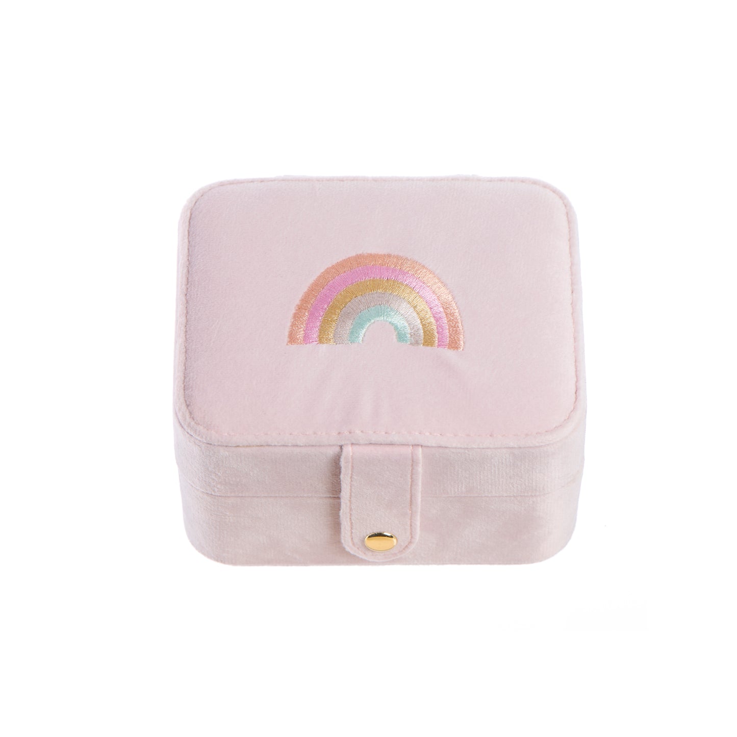 Pink jewelry box with a rainbow design on a white background