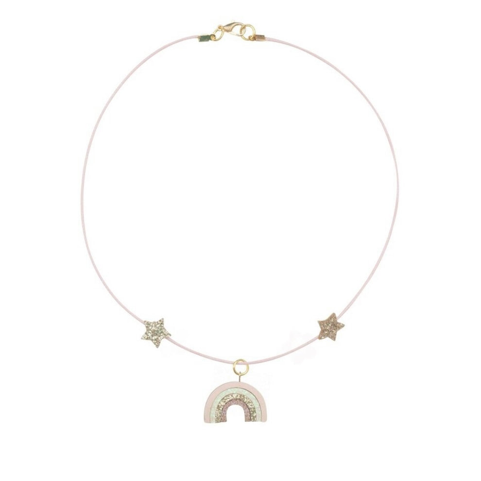 Necklace with star and rainbow charms on a white background