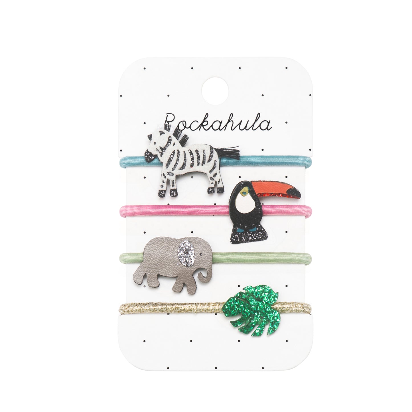 Set of four animal-themed hairbands on a Rockahula branded card.