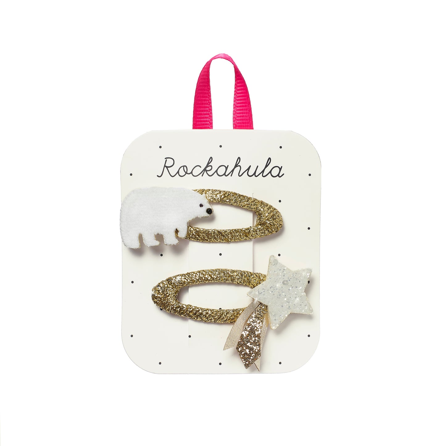 Set of two polar bear hair clips. Displayed on a card