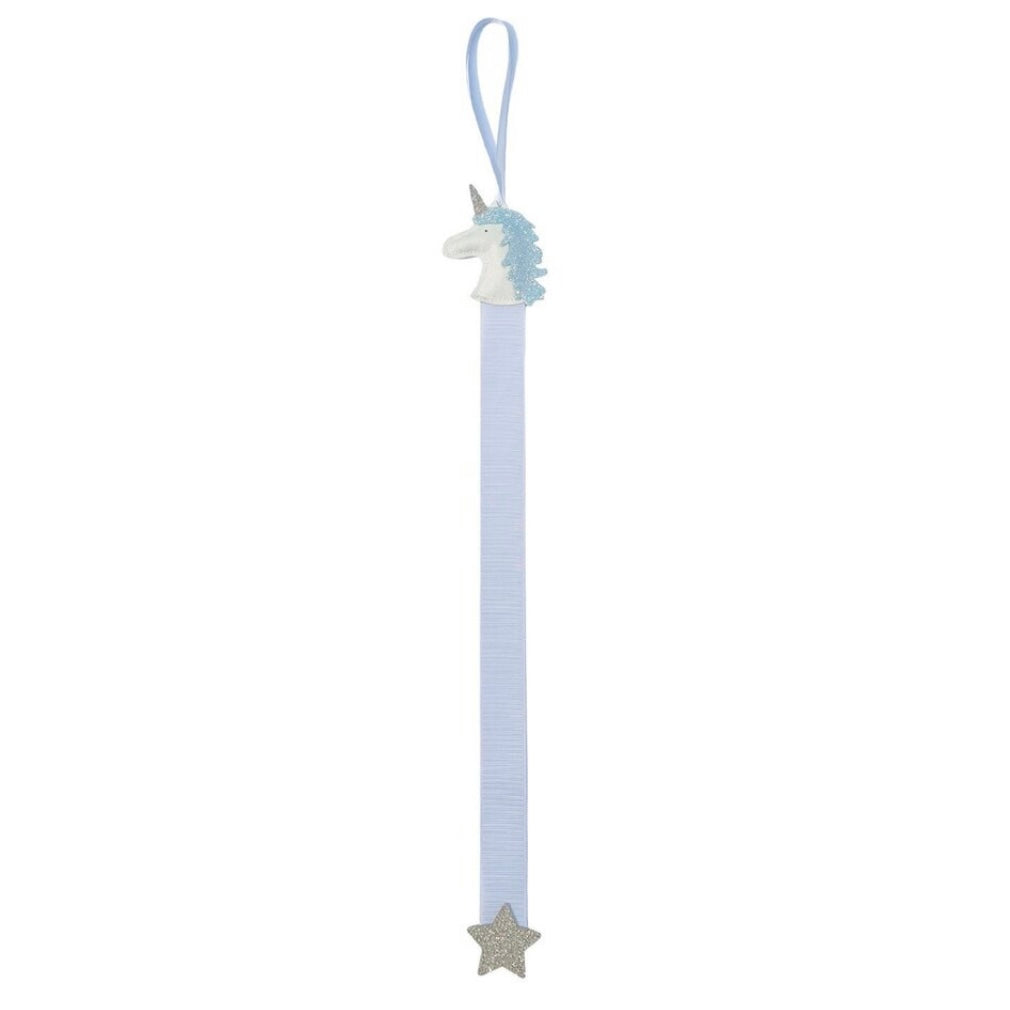 Unicorn themed hair clip hanger on a light blue ribbon with a star charm, on a white background