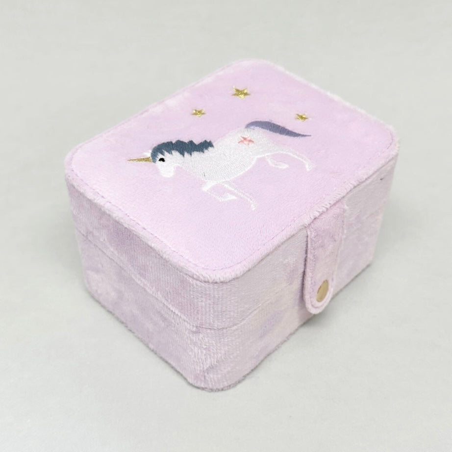 Plush purple jewellery box with an embroidered unicorn on the top
