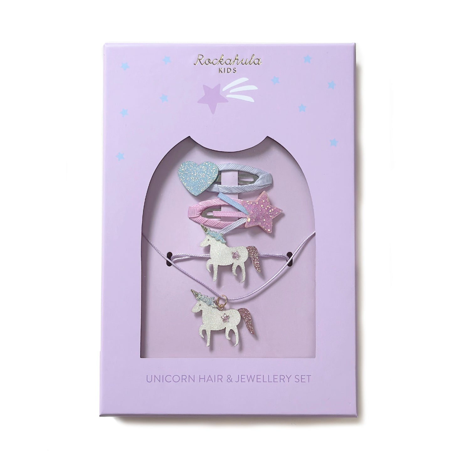 Unicorn hair and jewellery set in a purple box with 'Rockahula Kids' branding.
