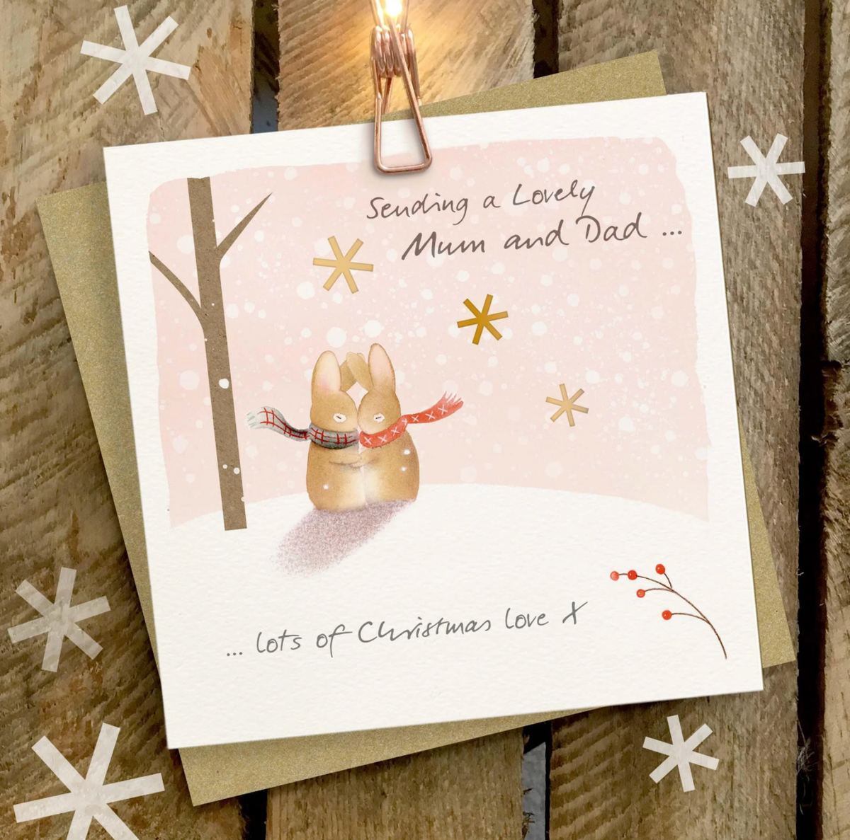 A square Christmas greeting card with a bunny illustration and the text 'Sending a Lovely Mum and Dad'
Ginger Betty Cards
Christmas Cards
Christmas
Parents
Mum and Dad
Berry
Mouse
Printed in the UK