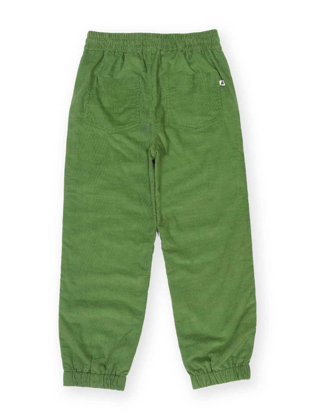 Green corduroy pants with an elastic waistband and elastic cuffs, featuring a small white brand tag on the right hip pocket, shown flat on a white background.

Olive green
Boys clothing 
Children's clothing 
Kite clothing 
Organic cotton 
Cords
Autumn clothing 
