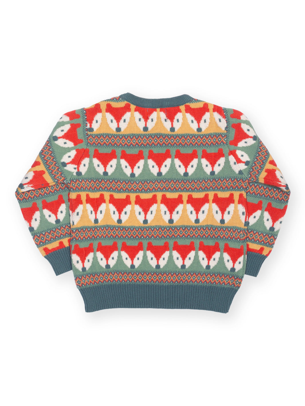 A children's knit sweater shown from the back, featuring a colourful repeating pattern of fox faces and geometric stripes in red, yellow, green, white, and blue-grey.

Children's clothing
Jumper
Winter clothing
Kite clothing
Organic cotton 
Fox 
Boys clothing
