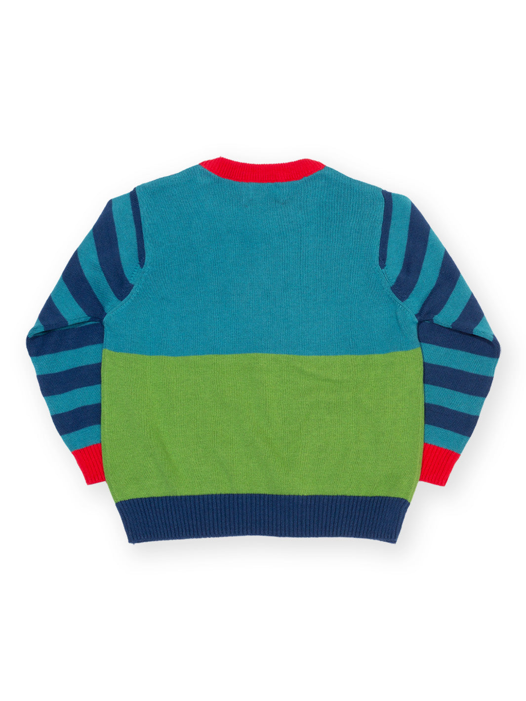 A children's knit jumper shown from the back, featuring a colour-blocked design with a teal upper section, a lime green middle band, and navy blue sleeves with red ribbed trim.

Children's clothing
Jumper
Digger
Boys clothing
Kite clothing 
Organic cotton 
Cosy cords 
