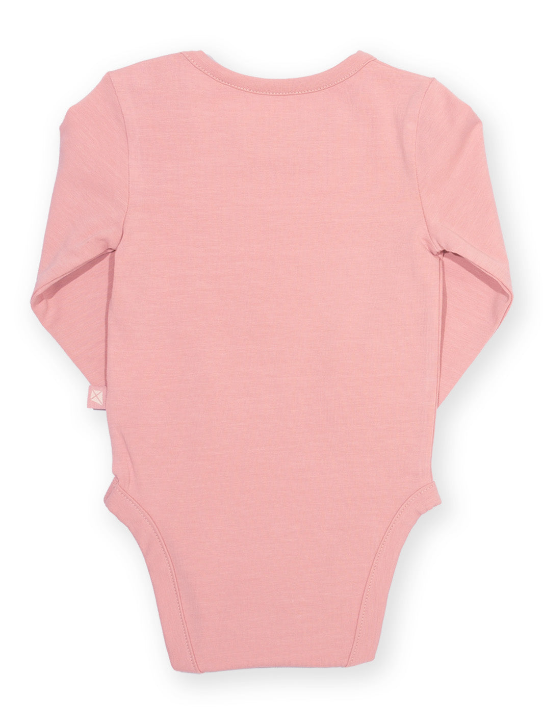 A light pink long-sleeve baby bodysuit shown from the back, laid flat against a white background.

New baby gifts
Baby girl
Organic cotton 
Kite Clothing
Pixie Glade
Bodysuit