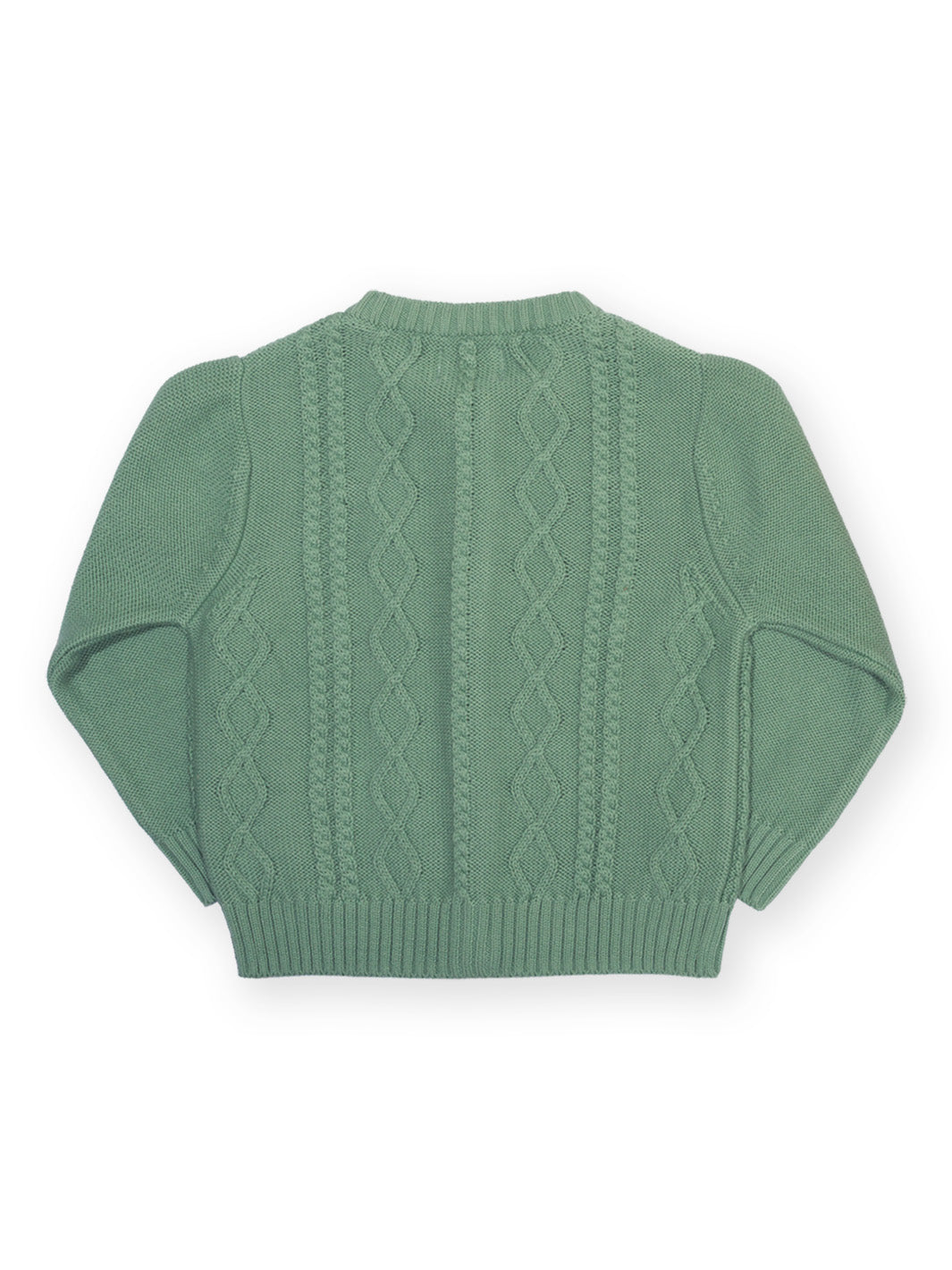 A sage green cable-knit sweater shown from the back, featuring vertical and diamond cable patterns, ribbed collar, cuffs, and hem, on a plain white background.

Girls clothing
Children's clothing
Cardi
Floral
Organic cotton 
Kite clothing