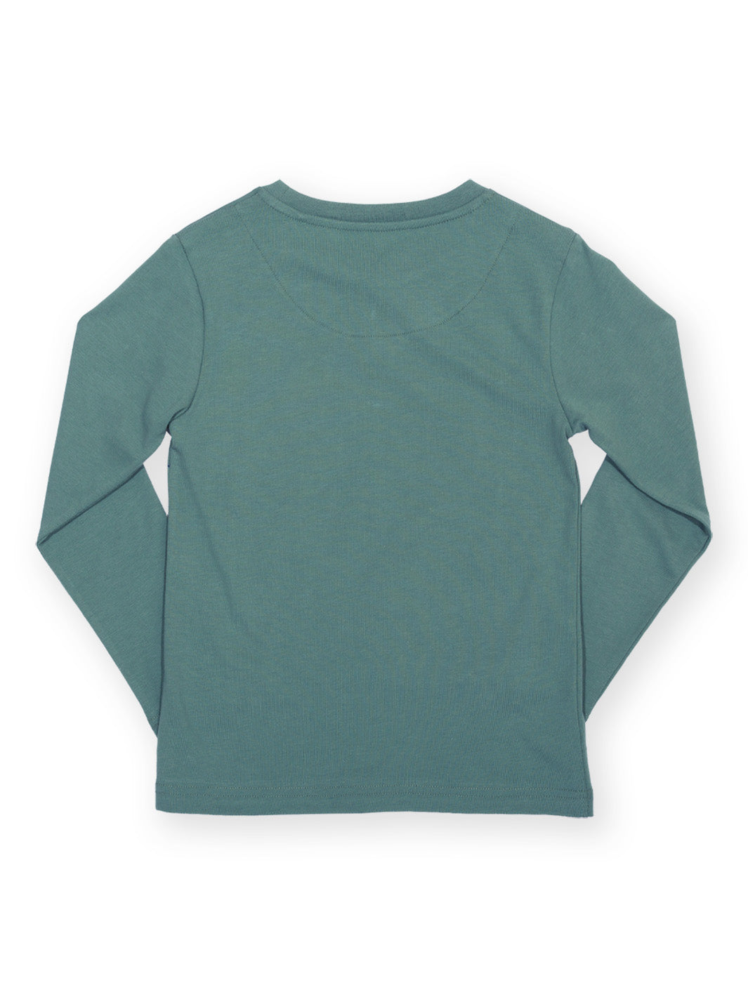 A long-sleeve crewneck shirt in a muted teal green color, shown from the back on a plain white background.

Children's clothing
Dino
Organic cotton 
T-shirt
Boys clothing 
Kite clothing 