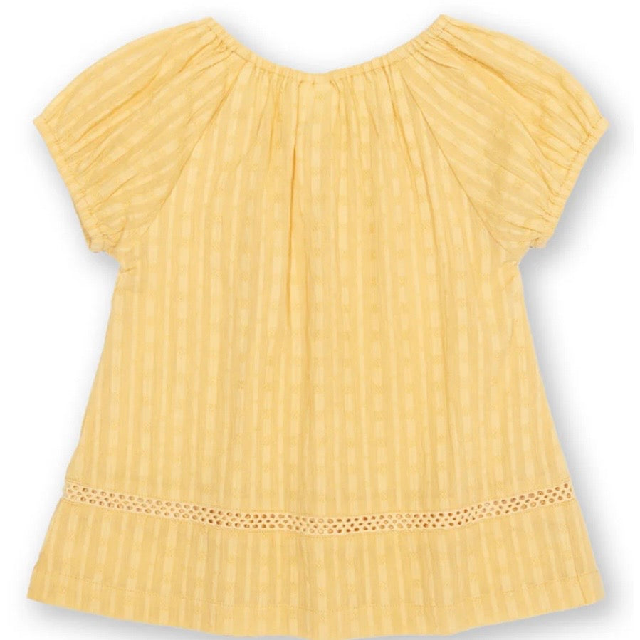 Yellow ribbed top with short sleeves on a white background

Children's clothing 
Yellow
Blouse
Organic cotton 
Summer clothing 
Summer