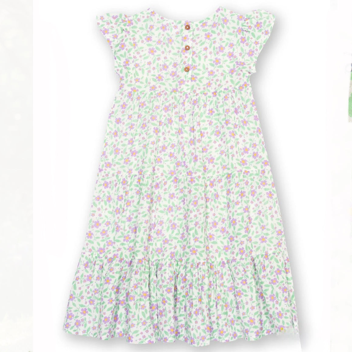 A sleeveless tiered dress with a light green and white floral print, featuring ruffled cap sleeves, a buttoned neckline, and a ruffled hem.

Children's clothing 
Dress
Kids clothes
Floral dress
Occasion dress
GOTS Certified fabrics 
Kite clothing 