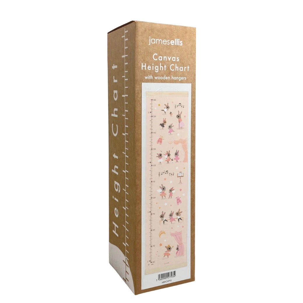 Boxed canvas height chart with wooden hooks on a white background