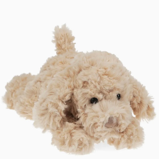 A fluffy beige stuffed dog soft toy lying down on a plain white background.

cuddly toy dog, stuffed animal puppy, nursery plush toy, dog lover gift, huggable companion toy, realistic fur plush, machine washable soft toy, baby shower gift, comforter toy, keepsake soft toy, puppy plushie
