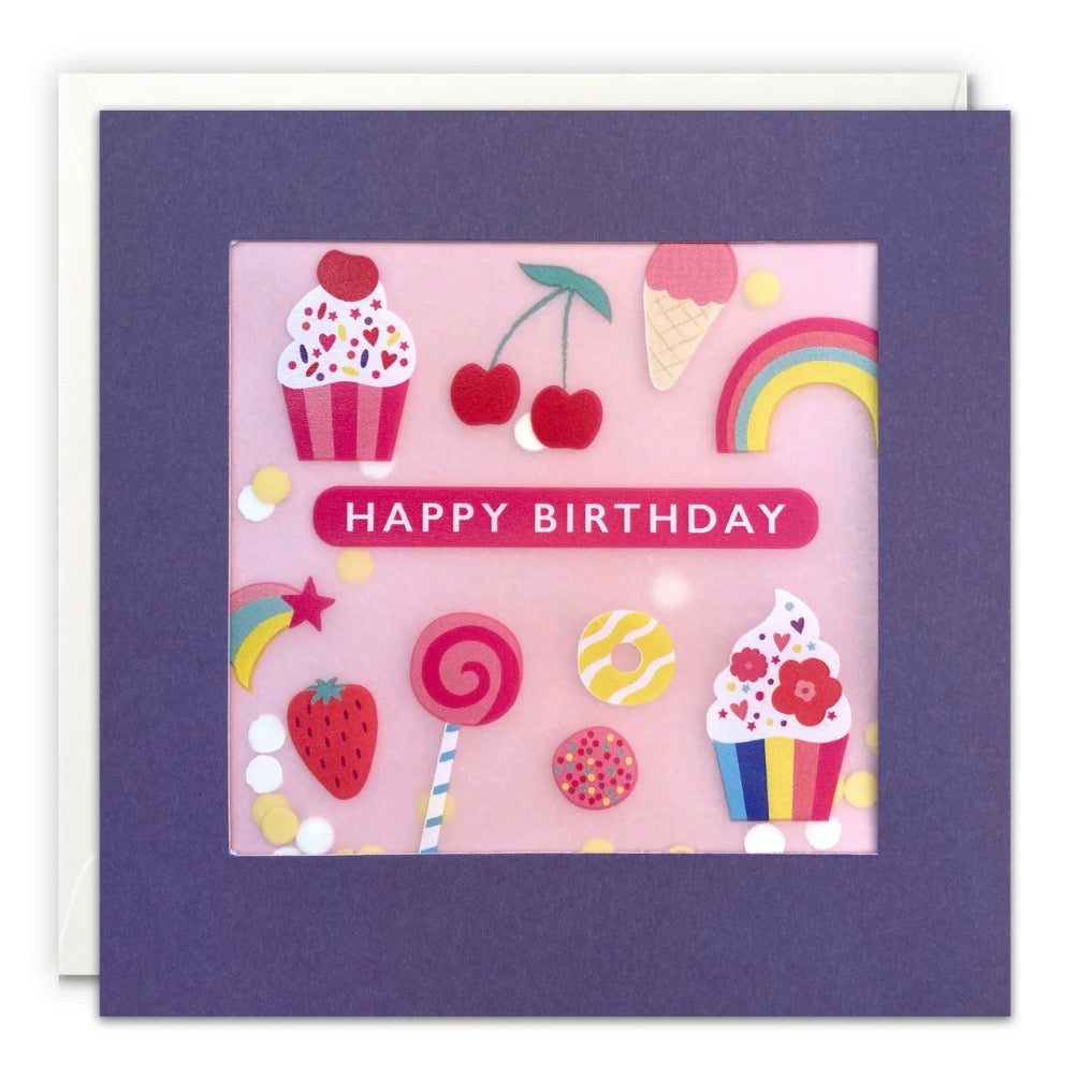 Purple birthday card with sweets and cupcakes on 