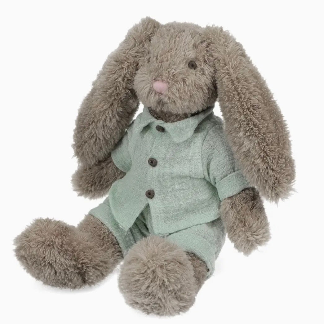 A plush stuffed bunny toy with long floppy ears, brownish-gray faux fur, and a pale sage green button-front outfit, photographed on a clean white background.

cuddly toy rabbit, soft toy for babies, bunny stuffed animal, nursery plush toy, newborn gift toy, Easter bunny plush, comforter toy, huggable toy for toddlers, baby shower gift, keepsake soft toy, rabbit plushie, boys soft toy