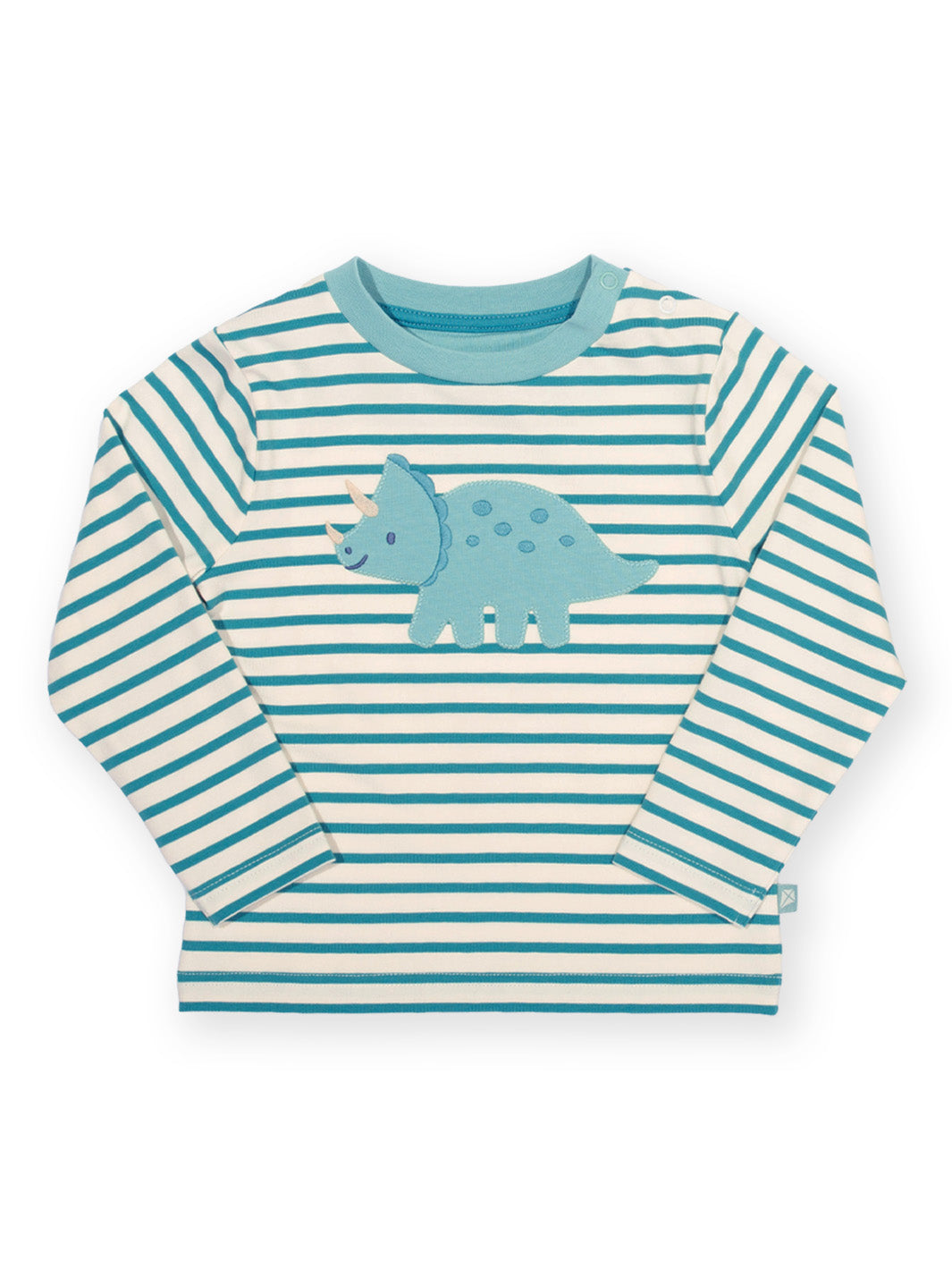 A long-sleeve children's shirt with horizontal teal and white stripes, featuring a light blue embroidered dinosaur on the chest.

Children's clothing
T-Shirt
Organic cotton 
Dino
Boys clothing
Kite clothing