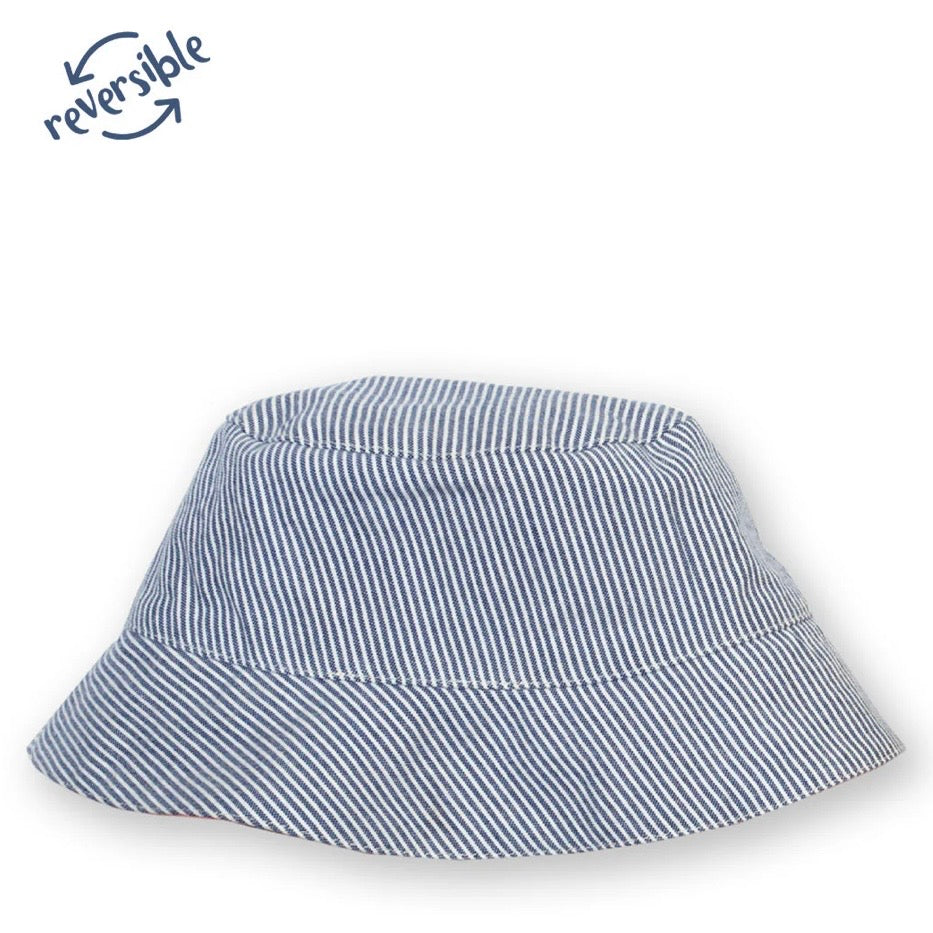 A blue and white striped reversible bucket hat shown from the front on a white background, with a 'reversible' logo in the top-left corner.

Sun Hat
Children's clothing 
Children's sun hat 
GOTS Certified fabrics 
Reversible 