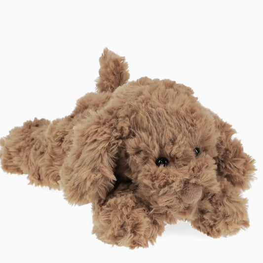 A brown curly-haired plush dog soft toy lying down on a plain white background.

cuddly toy dog, stuffed animal puppy, nursery plush toy, dog lover gift, huggable companion toy, realistic fur plush, machine washable soft toy, baby shower gift, comforter toy, keepsake soft toy, puppy plushie