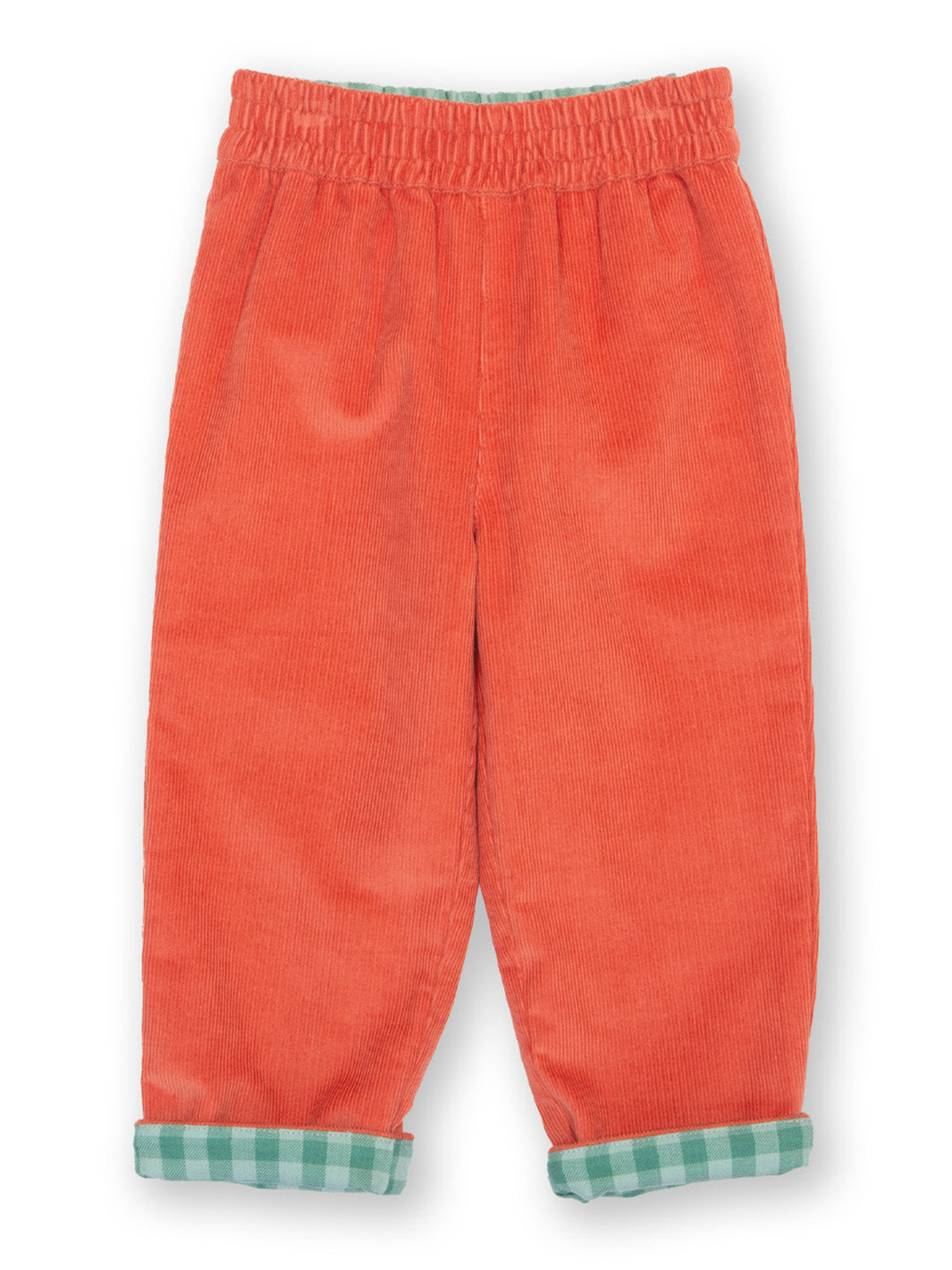 Orange corduroy pants with green plaid cuffs on a white background