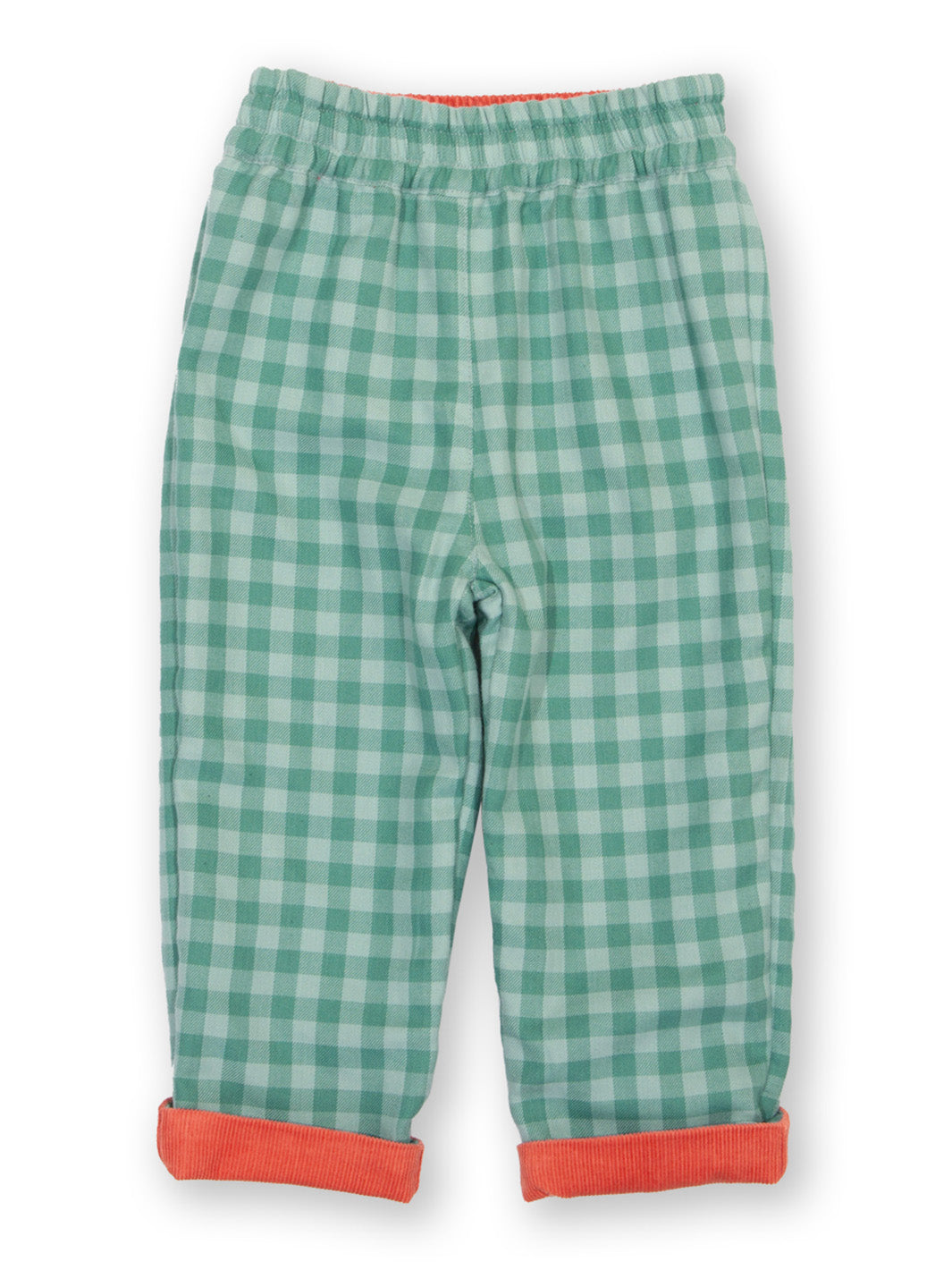 Green checkered pants with red cuffs on a white background