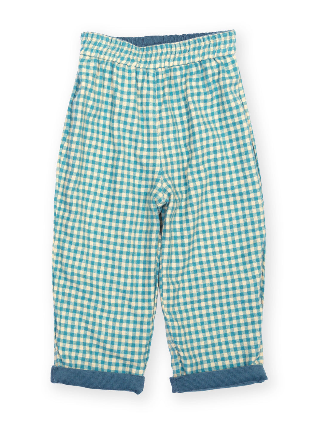 A pair of toddler's gingham pants in a light blue and cream check pattern, featuring a solid blue elastic waistband and turned-up cuffs.

Organic cotton
Reversible 
Check
GOTS Certified 
Boys clothing
Gender neutral clothing 
Children's clothing 