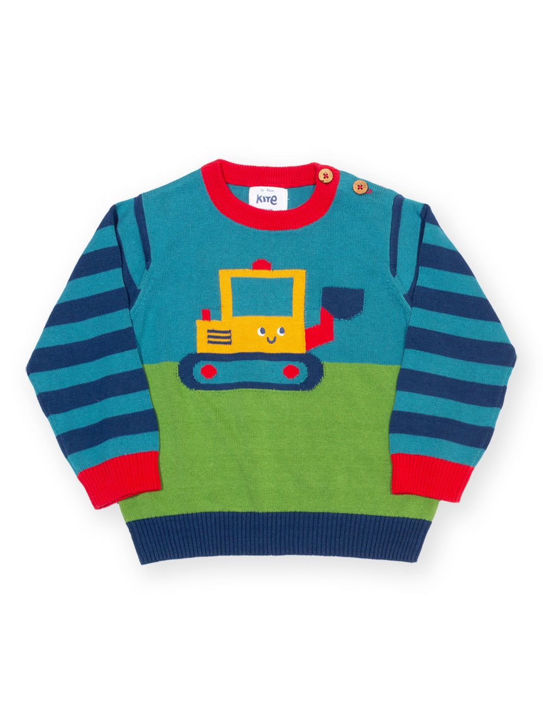 Striped children's jumper with a cherry picker digger on the front 

Children's clothing
Jumper
Digger
Boys clothing
Kite clothing 
Organic cotton 
Cosy cords 
