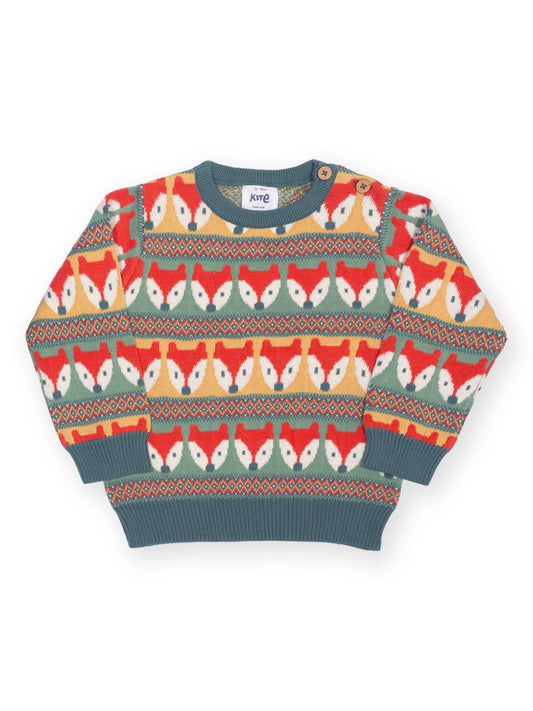 A children's knit jumper with a repeating pattern of fox faces in red, yellow, white, and green, finished with solid dark teal ribbed cuffs, collar, and hem.

Children's clothing
Jumper
Winter clothing
Kite clothing
Organic cotton 
Fox 
Boys clothing