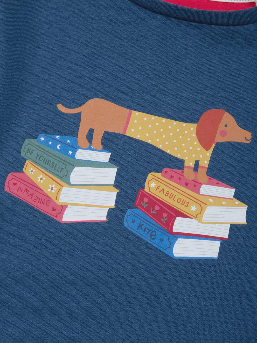 Close up on our navy sausage dog t-shirt