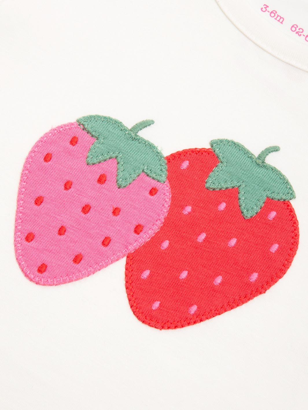 Two strawberry-shaped embroidered appliqué with green leaves on a white background

Baby clothing
Strawberry 
Bodysuit 
Applique 
New baby gift
Organic cotton clothing 