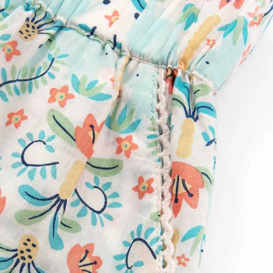 Close-up of a colourful floral-patterned fabric with lace trim edge.

Lightweight material 
Kite Clothing 
Children's clothing 
Pull Ups 
Trousers
Organic Cotton