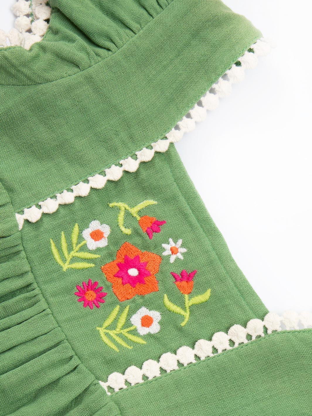 Green dress with floral embroidery on a white background

Children's clothing 
Organic cotton 
Fairy 
Dress
Summer Clothing 
Summer outfit