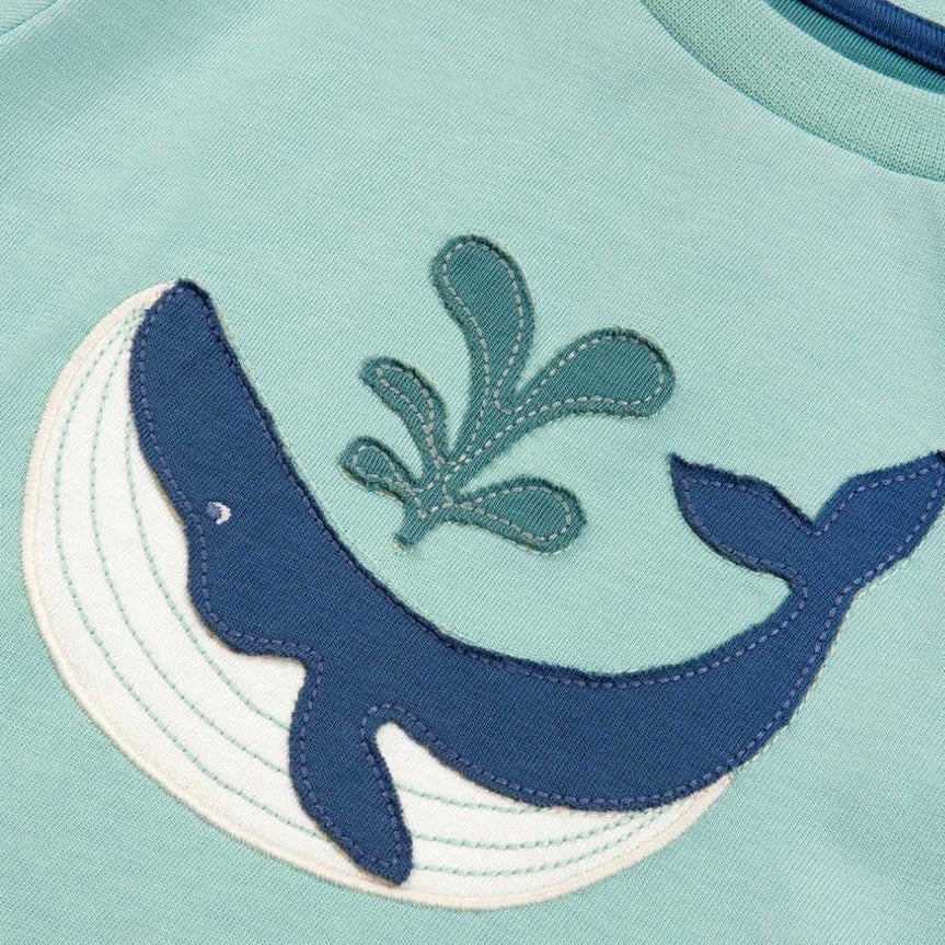 Close-up of a blue whale appliqué on a light blue background

T-Shirt
Children's clothing 
Kids clothing 
Whale 
Organic cotton 
