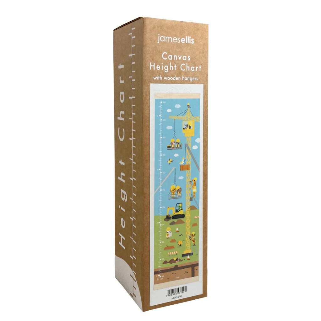 Boxed canvas height chart with wooden hangers featuring a cartoon design on a white background.
