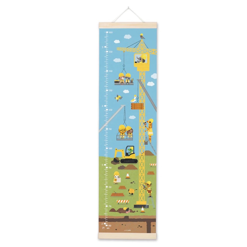 Children's growth chart with construction theme on a white background