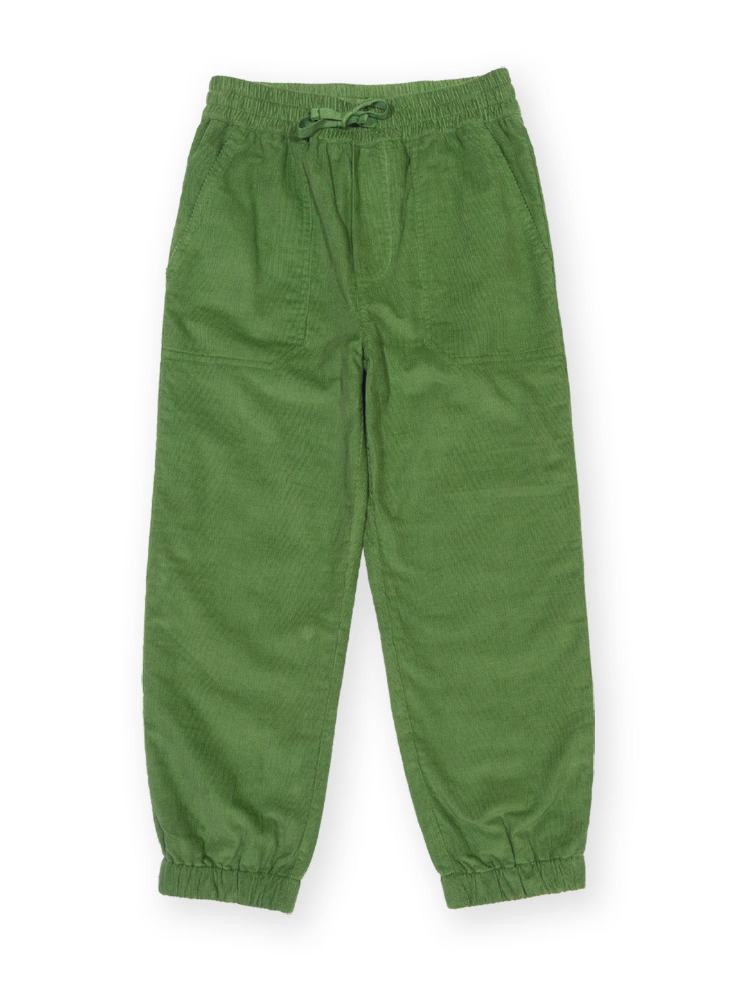 Green corduroy trousers with an elastic drawstring waist and elastic cuffs, shown flat on a white background.

Olive green
Boys clothing 
Children's clothing 
Kite clothing 
Organic cotton 
Cords
Autumn clothing 