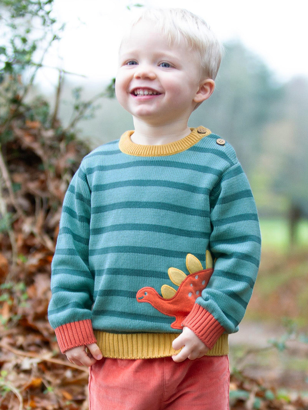 Child wearing a striped dinosaur jumper