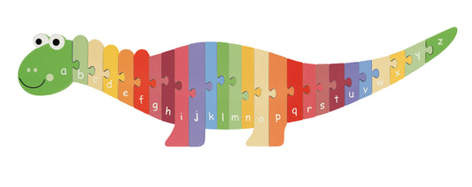 A colorful wooden dinosaur-shaped puzzle with letters instead of segments, designed for young children.